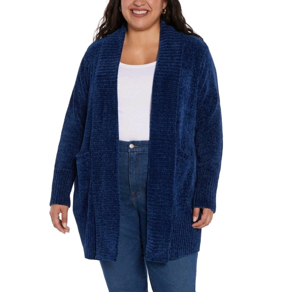 Orvis Womens‎ XXL Navy Blue Chenille Open Front Cardigan Sweater Soft Plush